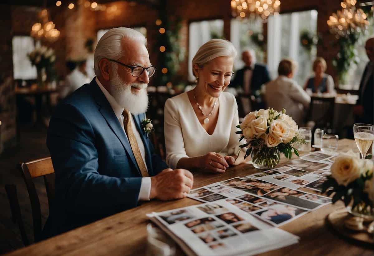 An older couple sits at a table covered in wedding magazines and Pinterest printouts, discussing venue options and color schemes. A laptop is open, displaying a list of caterers and florists