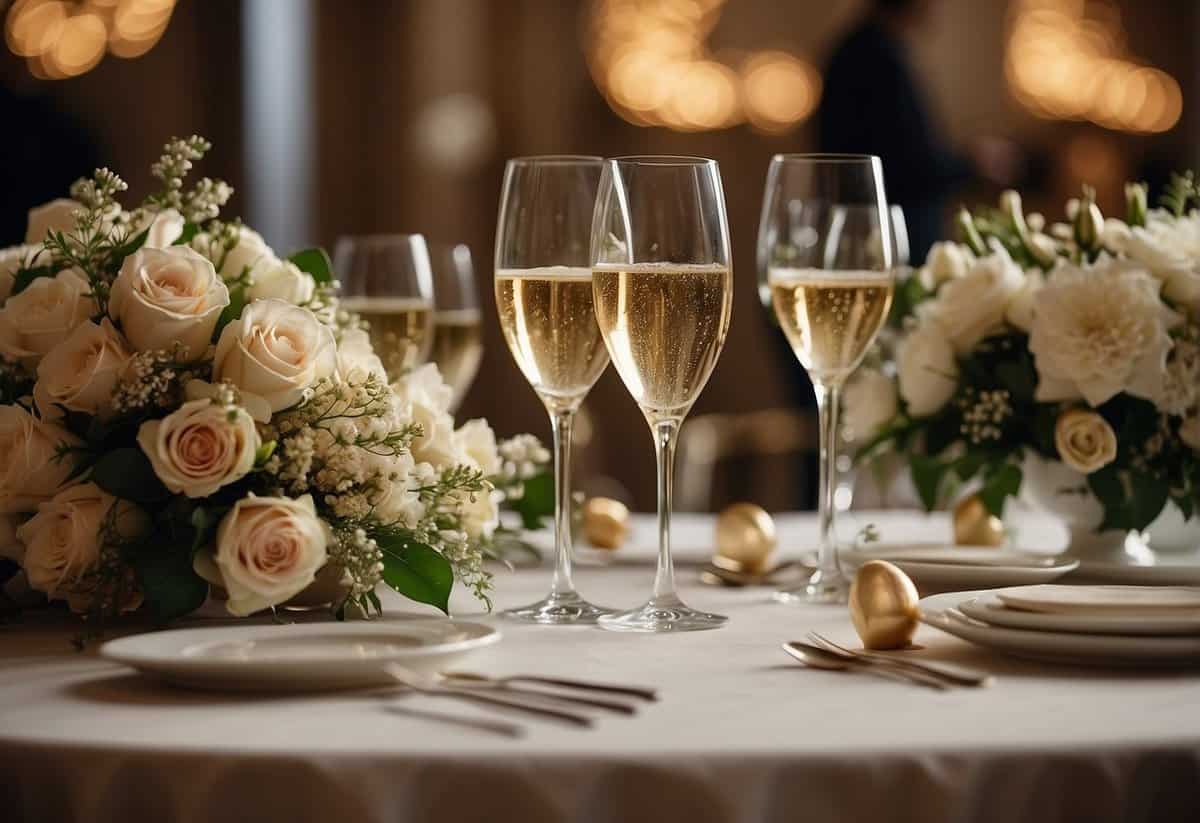 An elegant ballroom with champagne glasses and floral centerpieces, as older couples mingle and celebrate their love
