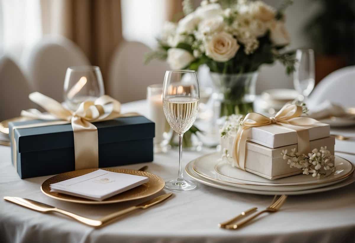 A table adorned with elegant wedding gifts and a registry book for older couples
