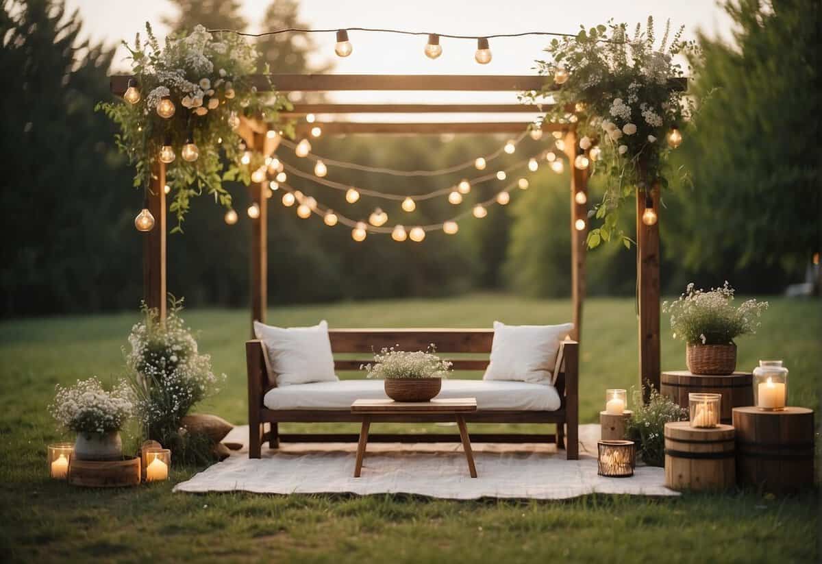 A sunny outdoor setting with string lights, a cozy seating area, and a simple altar adorned with wildflowers for a casual wedding