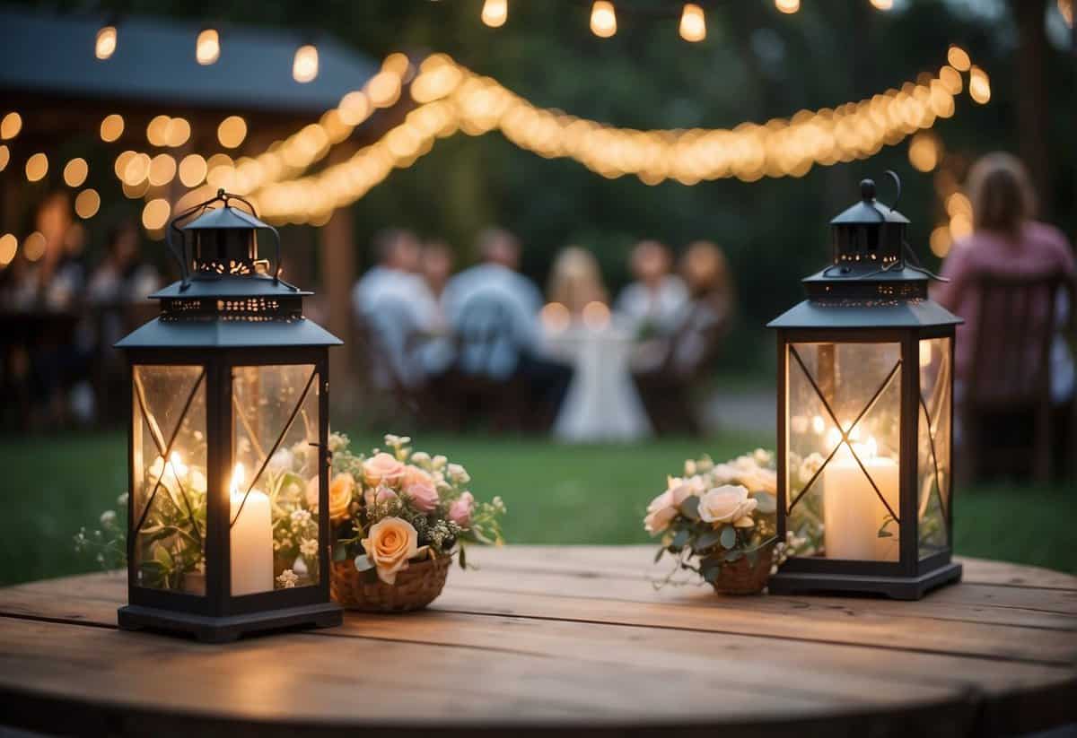 A cozy outdoor setting with fairy lights, lanterns, and rustic wooden tables. Soft, pastel-colored flowers and greenery adorn the space, creating a relaxed and romantic ambiance for a casual wedding