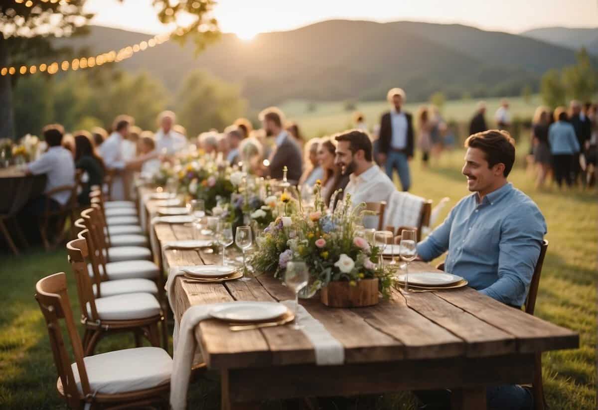 A rustic outdoor wedding with string lights, wooden tables, and wildflower centerpieces. Guests are dressed in relaxed attire, enjoying lawn games and a laid-back atmosphere