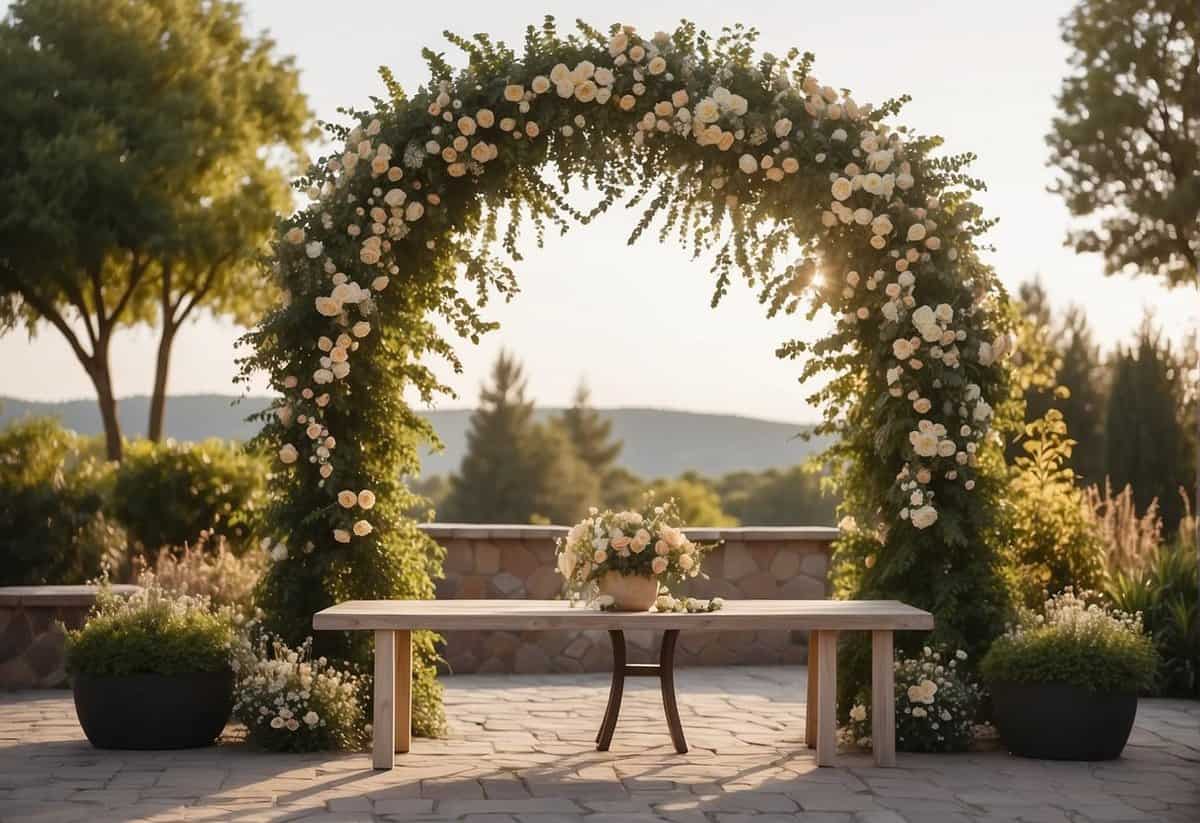 A simple outdoor setting with a decorated arch, floral arrangements, and a small table for signing documents. A serene and romantic atmosphere with minimalistic decor