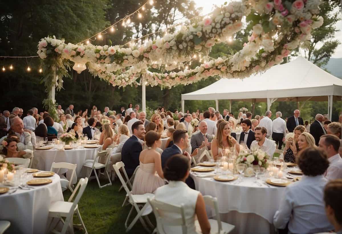 A joyous crowd gathers under a canopy, adorned with flowers and ribbons. Tables are set with elegant place settings and a tiered wedding cake. Music fills the air as guests mingle and raise their glasses in celebration
