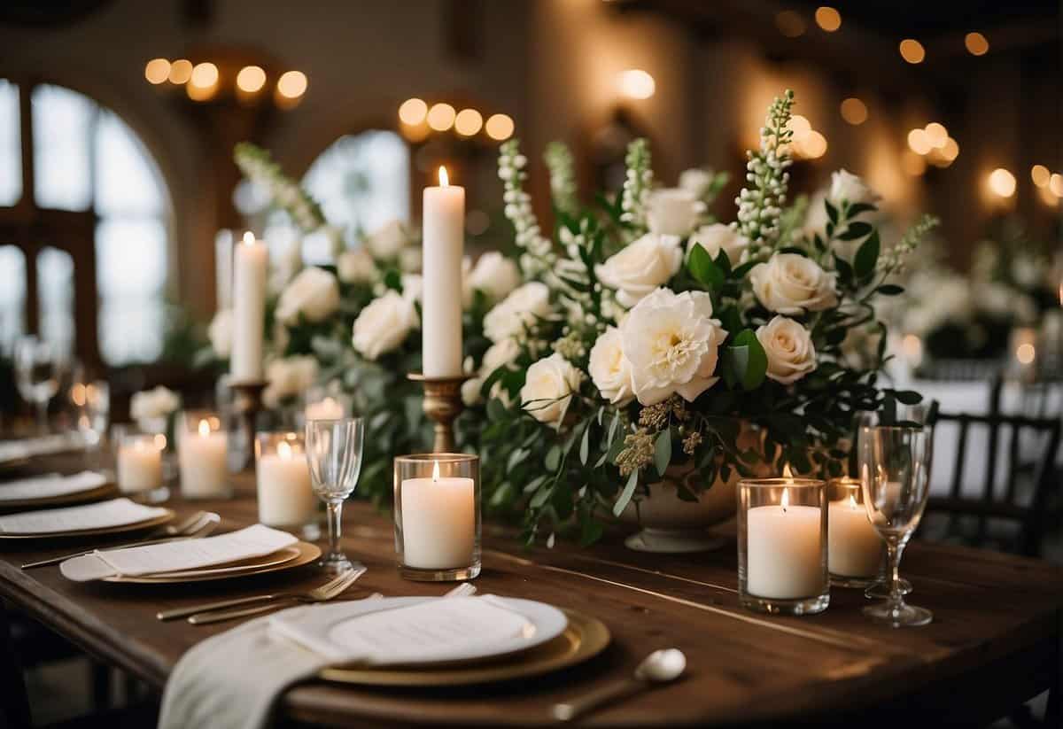 A beautifully decorated ceremony space with elegant floral arrangements, romantic candlelight, and personalized touches like monogrammed napkins and custom signage