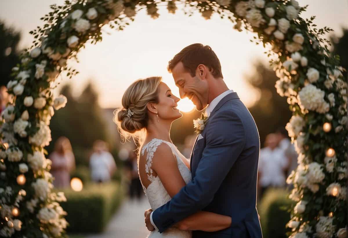 A newlywed couple embraces under a floral arch, surrounded by smiling guests and twinkling lights