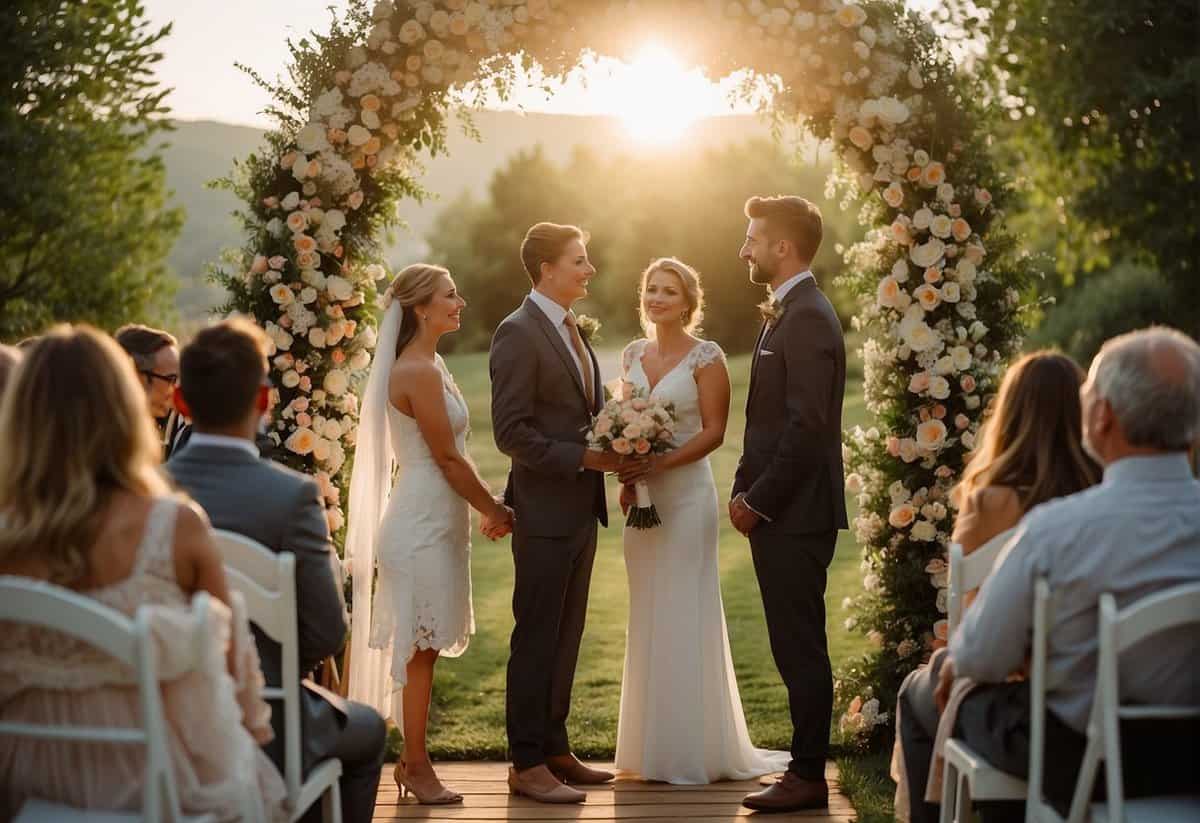 A couple stands under a floral arch in a garden, exchanging vows. Guests watch from white wooden chairs as the sun sets behind them