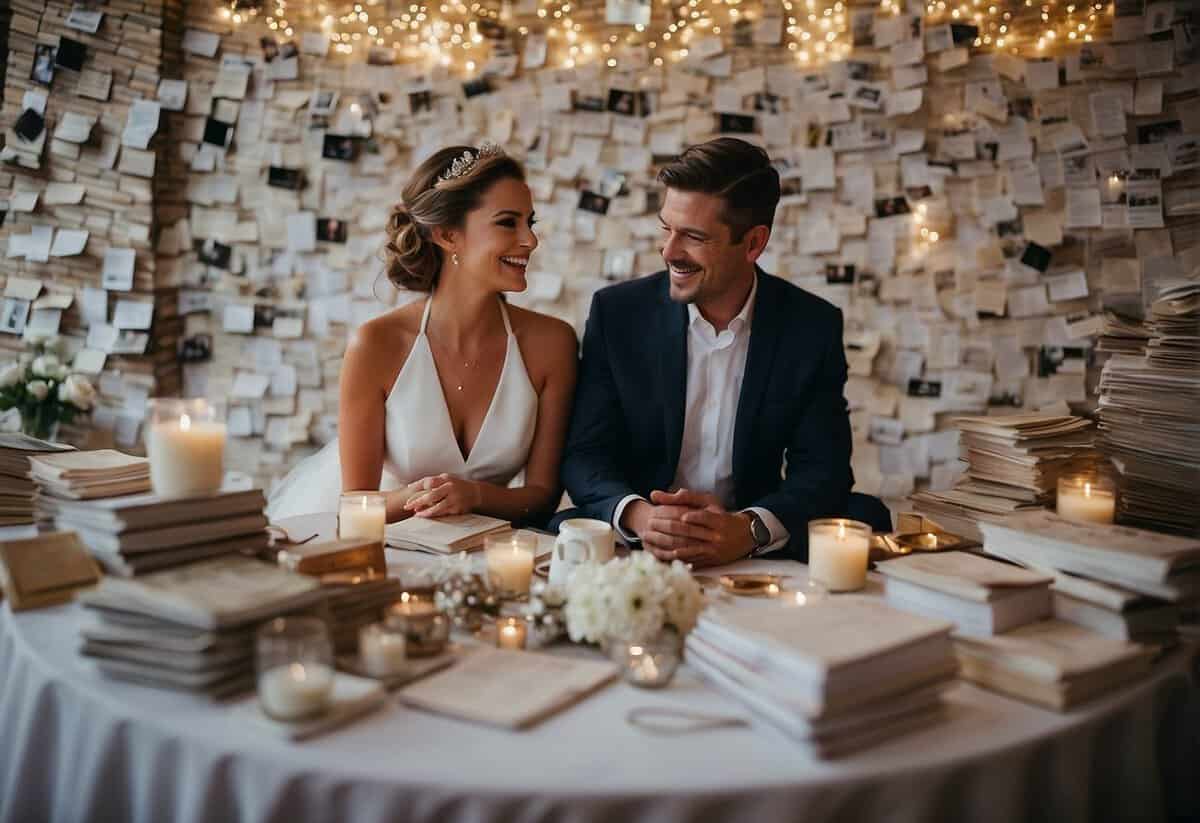 A couple sits at a table covered in wedding magazines, surrounded by notes and ideas. They smile as they plan their vow renewal ceremony