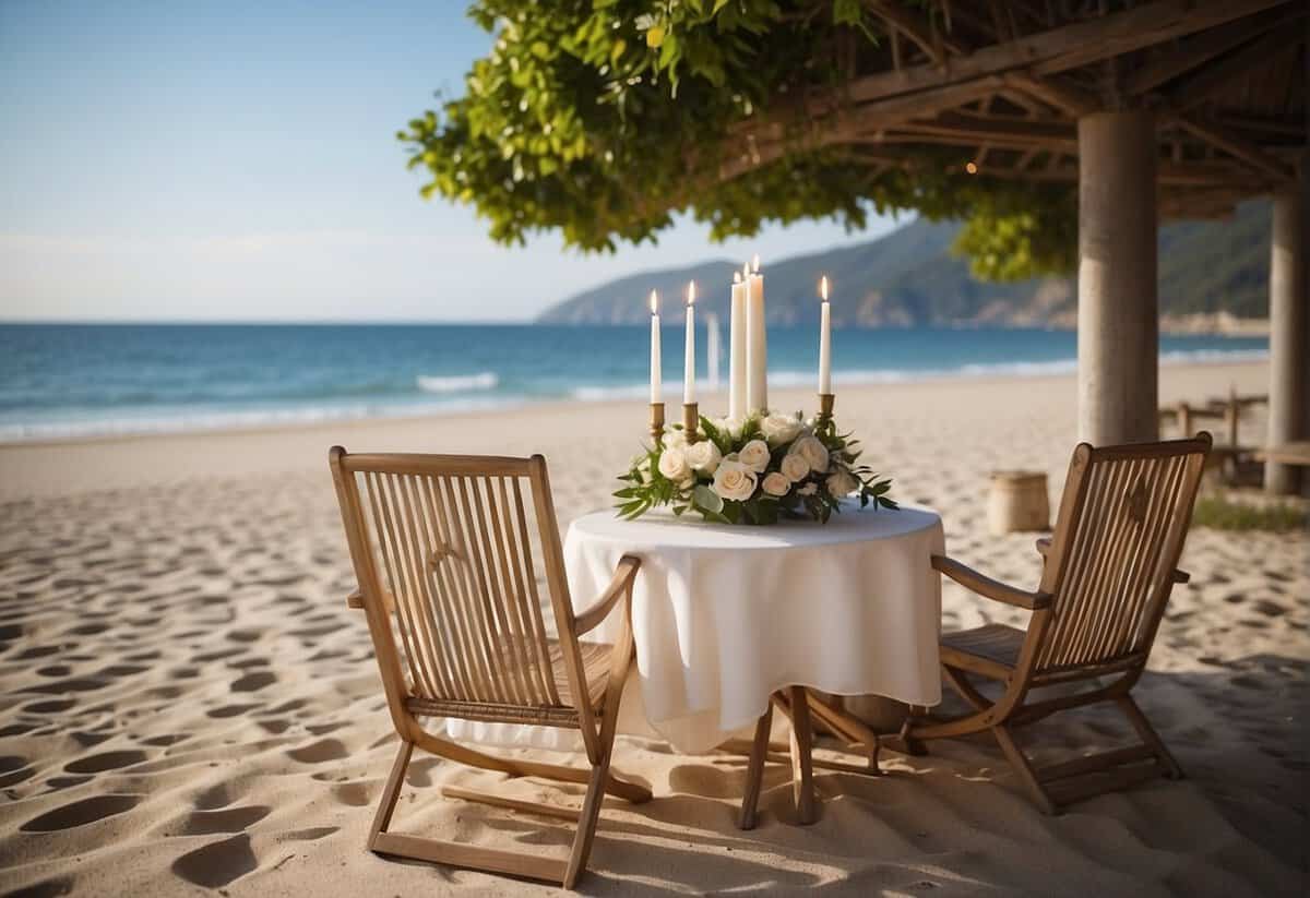 A serene beach setting with two chairs facing the ocean, adorned with delicate floral arrangements and a small table with a unity candle
