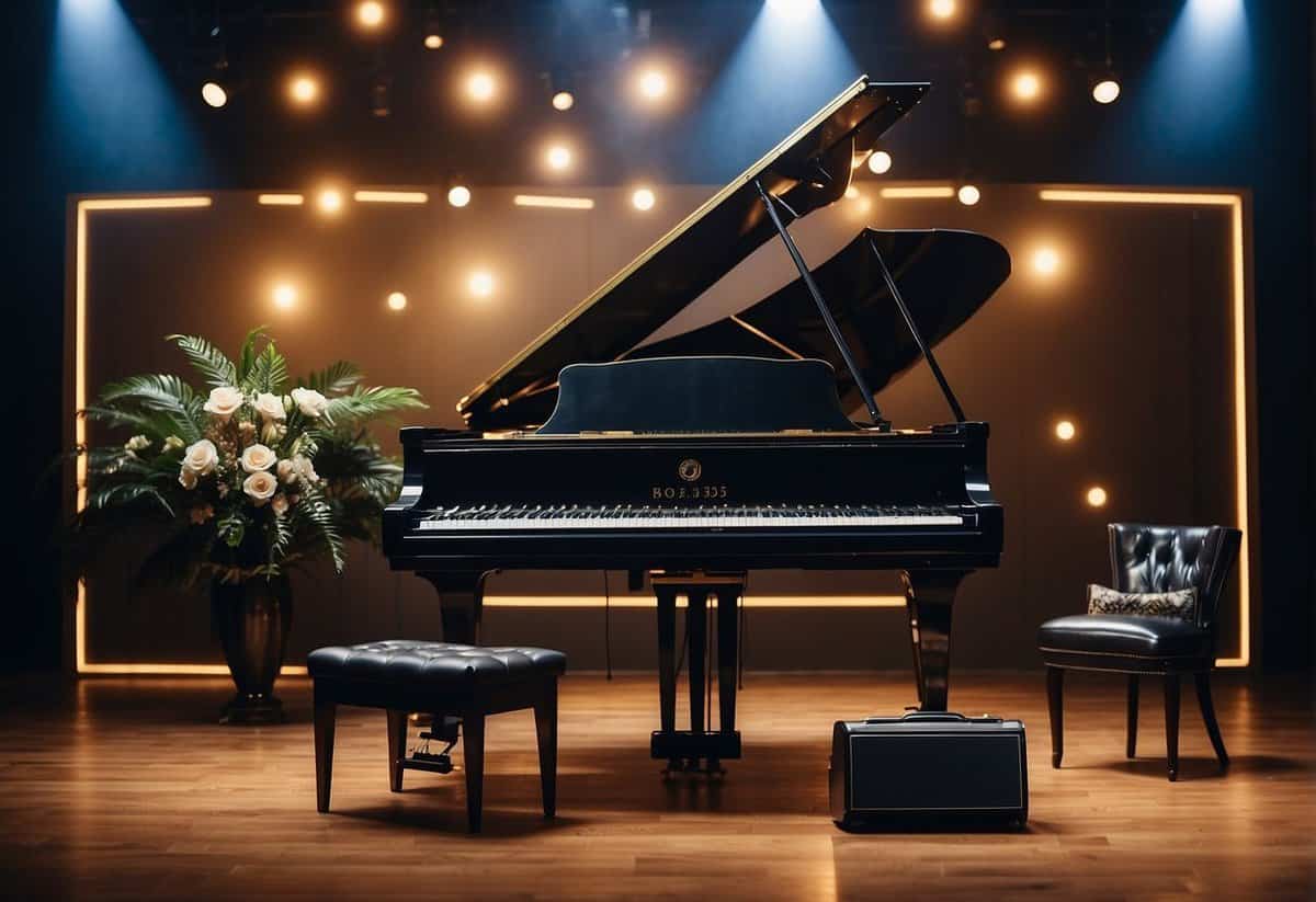 A stage with instruments representing diverse musical genres: a grand piano, electric guitar, saxophone, and djembe drum
