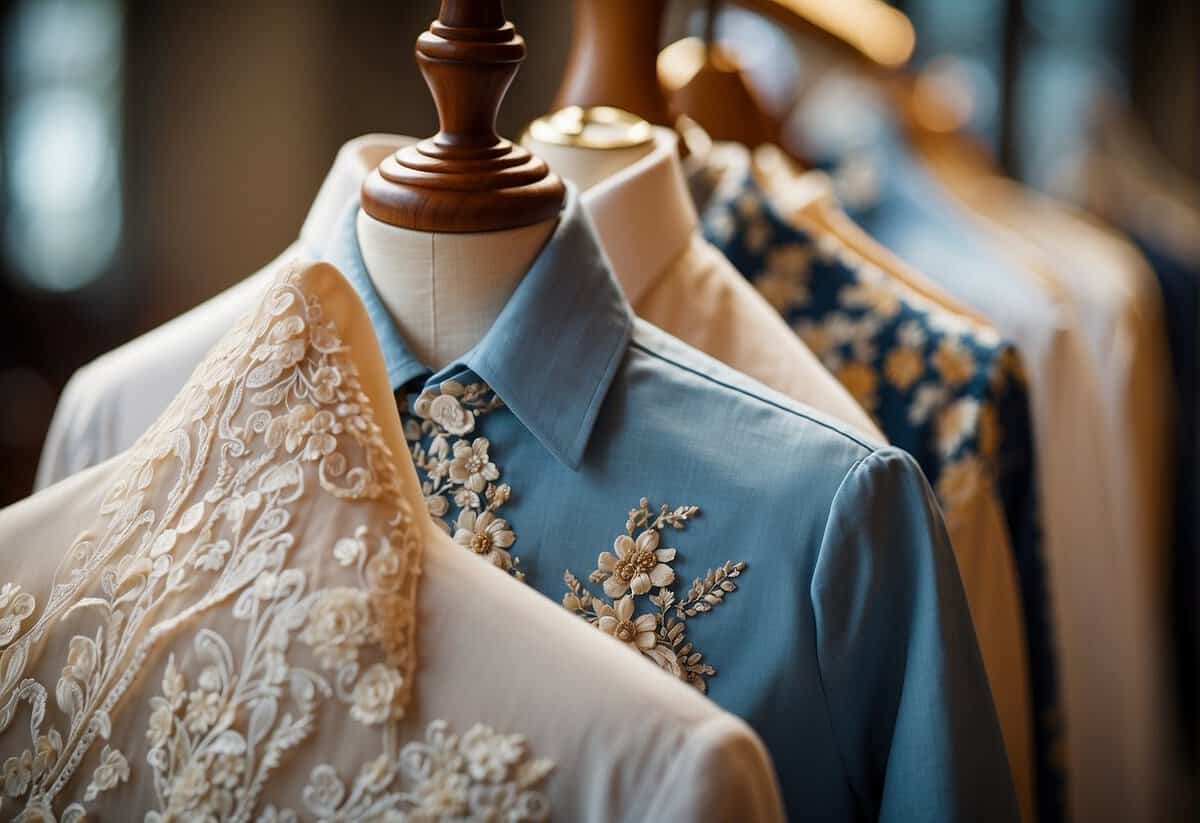 A table displays various wedding shirt designs, including floral patterns, lace details, and elegant button-up styles