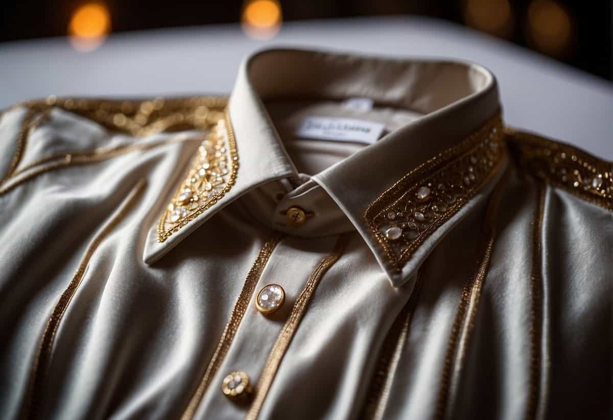 A luxurious wedding shirt displayed on a velvet cushion, surrounded by elegant decor and soft lighting