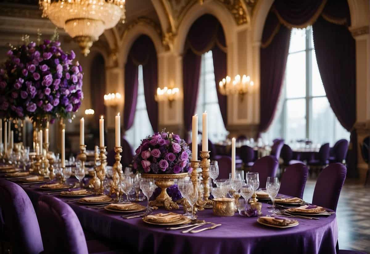 A grand hall adorned with rich purple flowers, velvet drapes, and shimmering lights. A lavish banquet table set with ornate purple tableware and opulent centerpieces