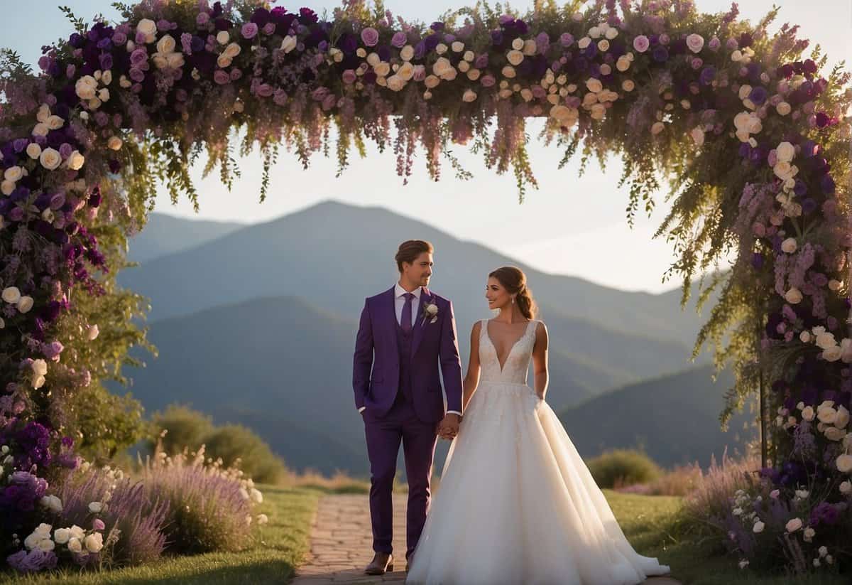 A bride and groom stand beneath a floral arch adorned with deep purple flowers. The bride's bouquet is a mix of lavender and violet blooms, while the groom's tie and pocket square are a rich plum color