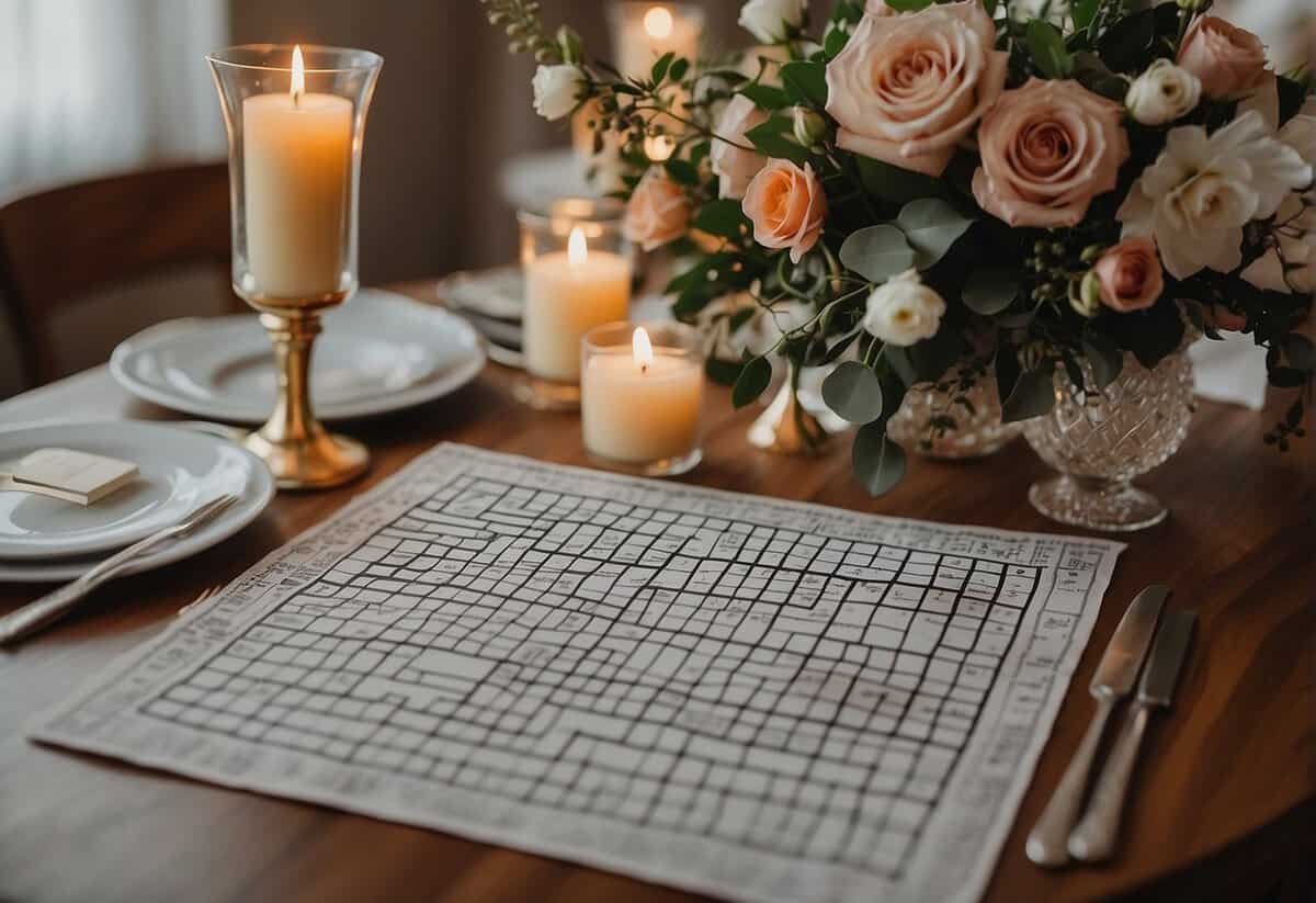 A wedding crossword puzzle displayed on a beautifully decorated table, surrounded by elegant floral arrangements and soft candlelight