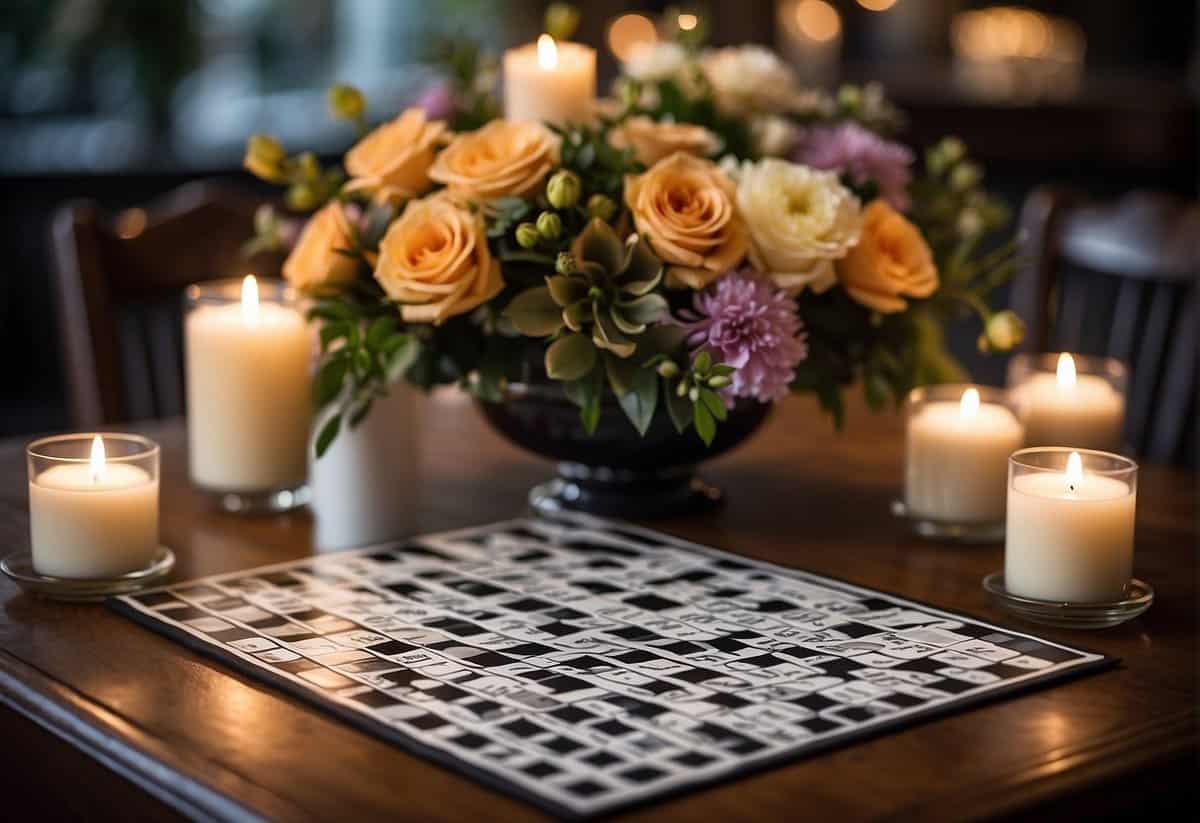 A wedding crossword puzzle sits on a table, surrounded by elegant floral centerpieces and flickering candles
