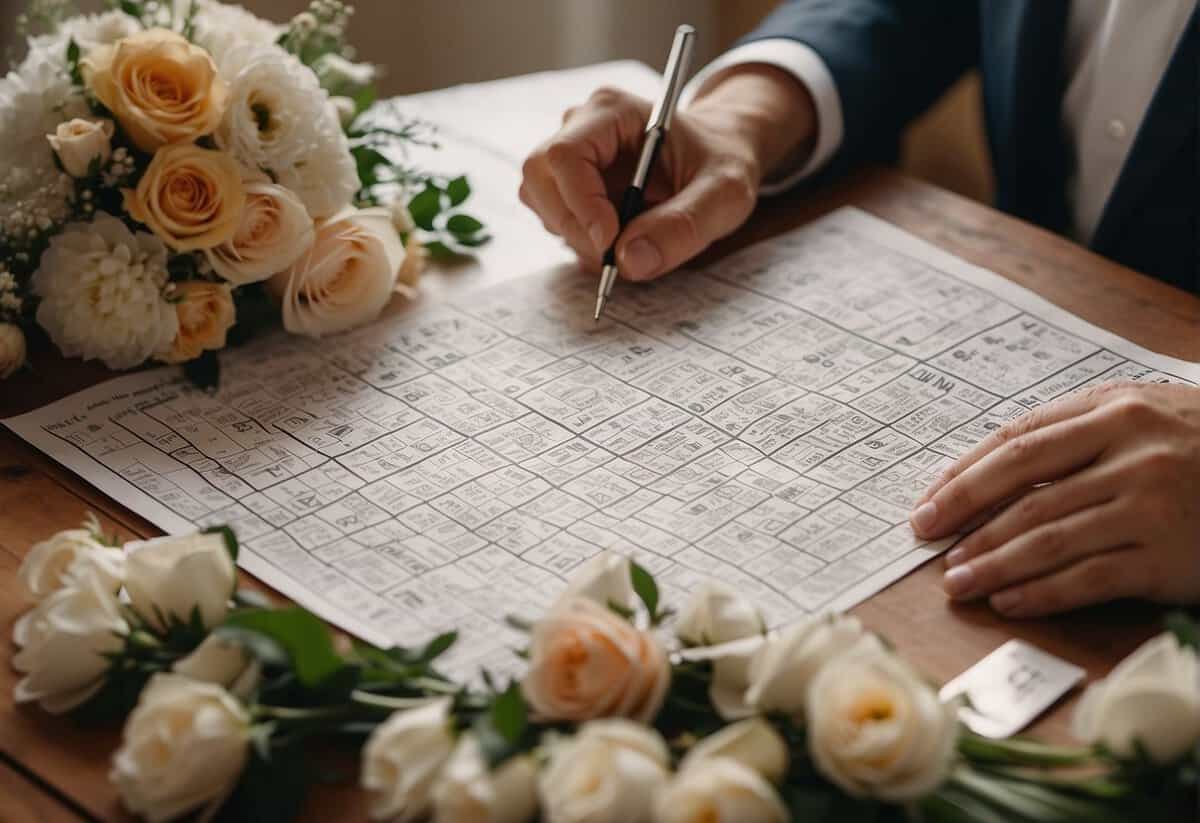 A bride and groom solving a wedding-themed crossword puzzle together, surrounded by decorative flowers and wedding memorabilia