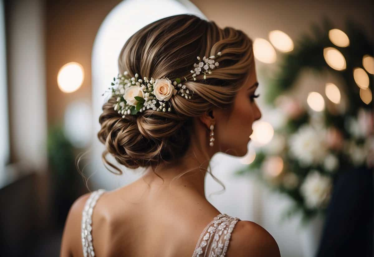 A bride's hair styled in an elegant updo with delicate floral accents, cascading curls, and intricate braids, creating a romantic and timeless look