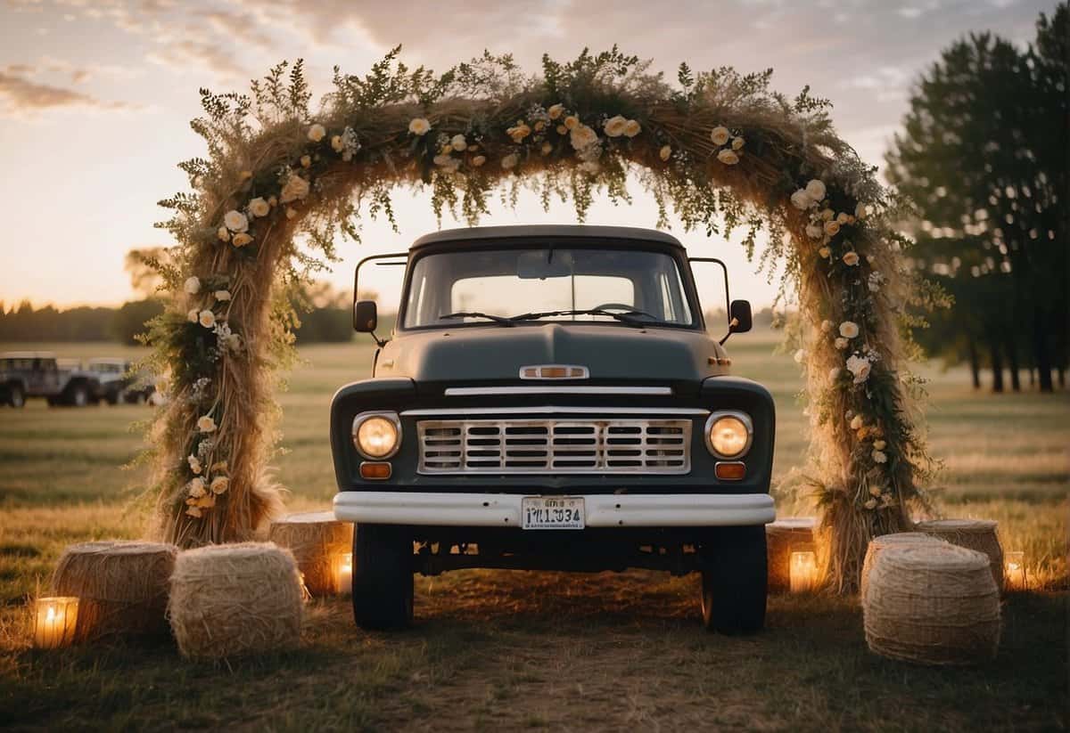 A rustic outdoor wedding with bales of hay, wildflowers, and a wooden arch adorned with lace and burlap. A vintage truck serves as a backdrop, while string lights illuminate the evening celebration