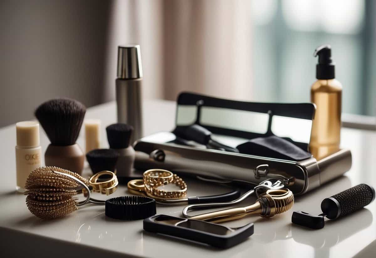 A table with various hair accessories, a mirror, and a hairstyling tool kit set on a clean, well-lit surface