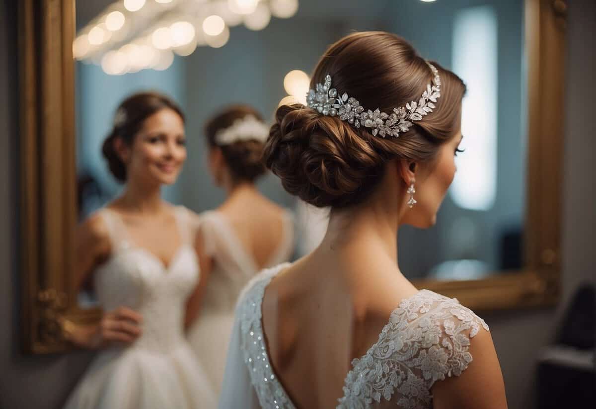 A bride sits in front of a mirror, her hair styled in a classic updo with elegant curls and a delicate hair accessory