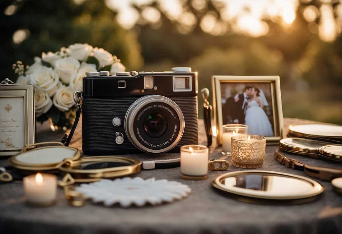 A table displays various wedding keepsakes: photo albums, engraved frames, and custom ornaments