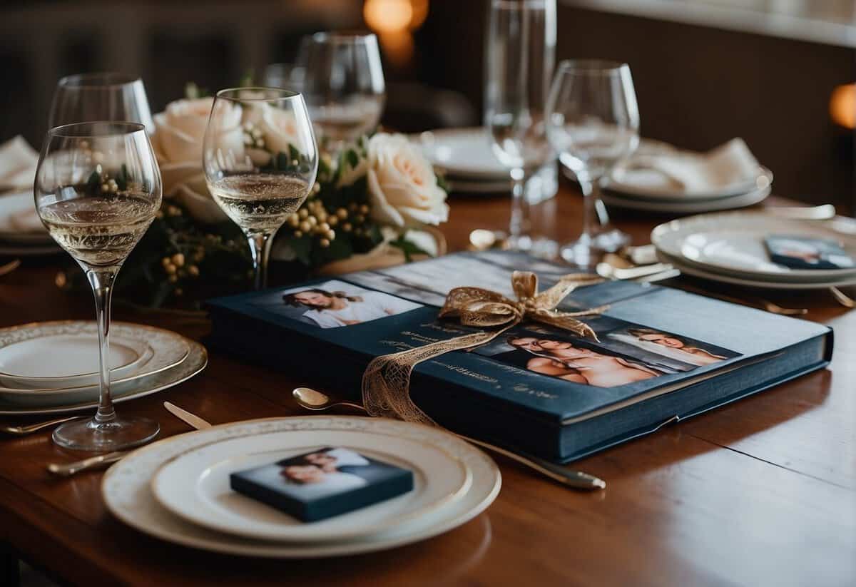 A table set with personalized wine glasses, a custom-made photo album, and a unique hand-painted wedding portrait