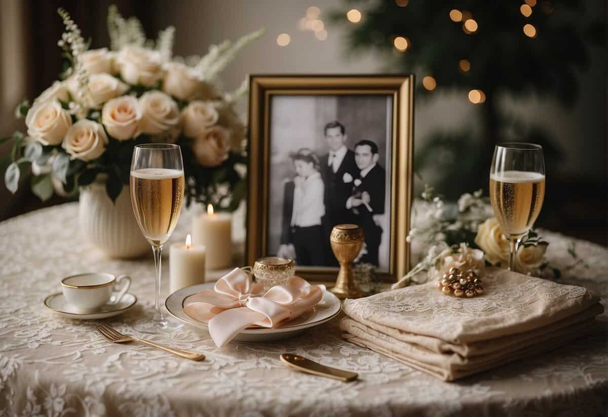A table adorned with a vintage lace tablecloth, holding a collection of wedding keepsakes: a framed photo, a delicate garter, a handwritten love letter, and a pair of champagne flutes
