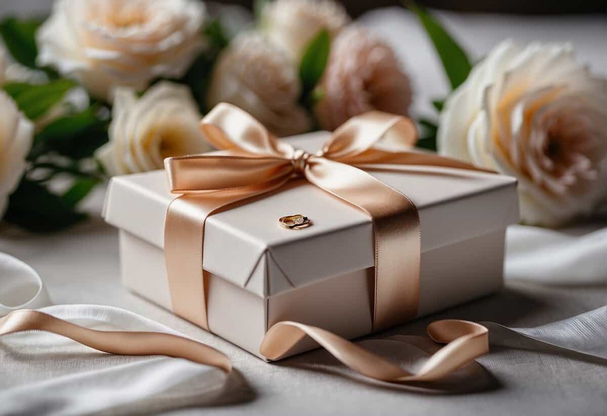 A beautifully wrapped gift box with a personalized wedding keepsake inside, surrounded by elegant flowers and delicate ribbons