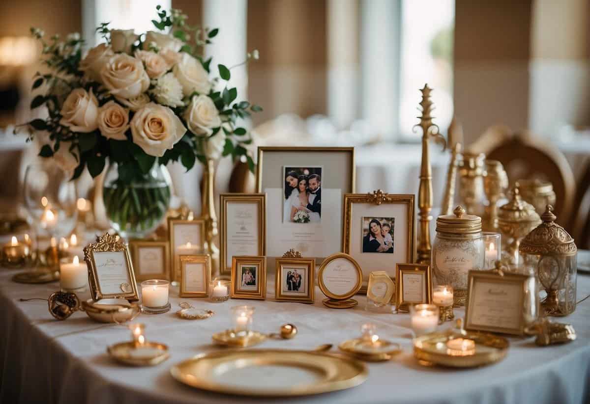 A table adorned with various wedding keepsake options, including photo frames, personalized ornaments, and engraved jewelry boxes