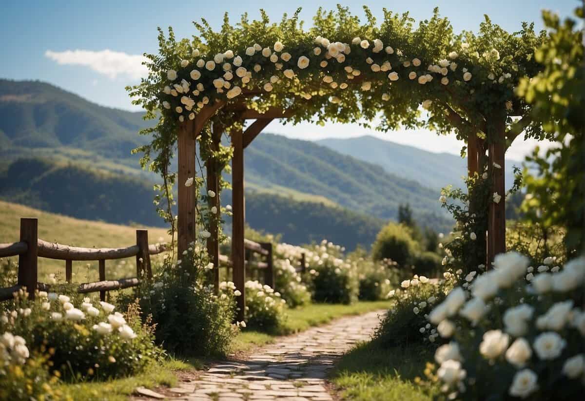 A rustic wooden arbor adorned with white roses and greenery, set against a backdrop of rolling hills and a clear blue sky