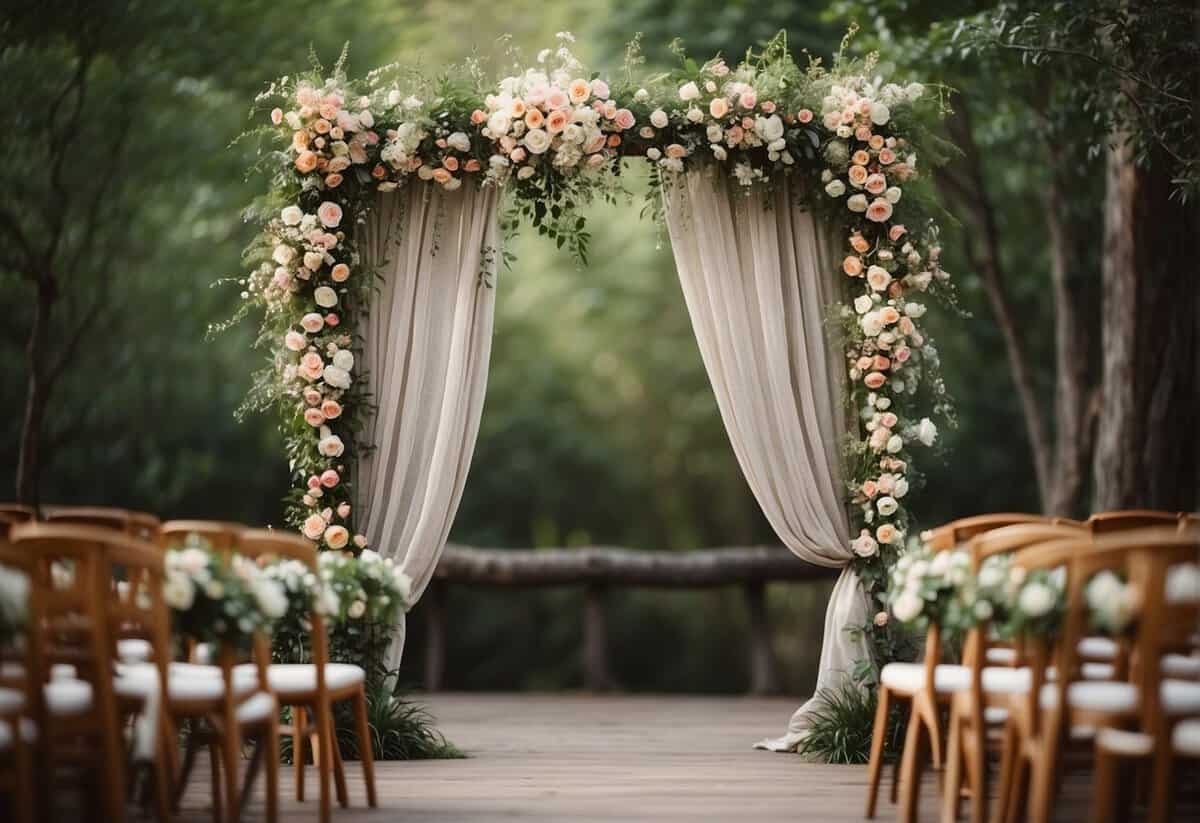 A rustic wedding arbor adorned with lush greenery and soft pastel flowers, set against a backdrop of weathered wood and draped with flowing fabrics