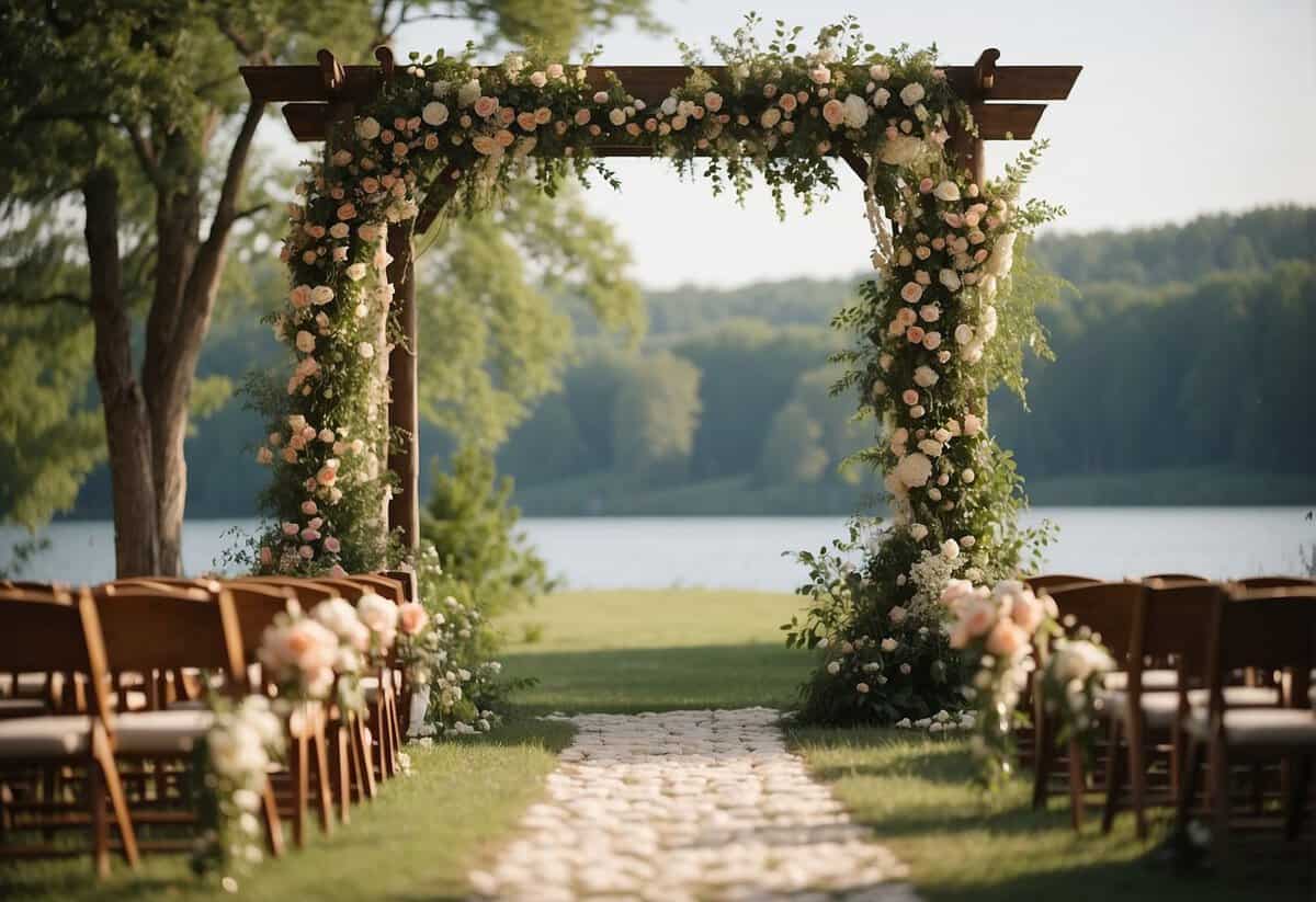 A beautiful wedding arbor adorned with seasonal flowers and thematic decor, set against a picturesque backdrop of nature