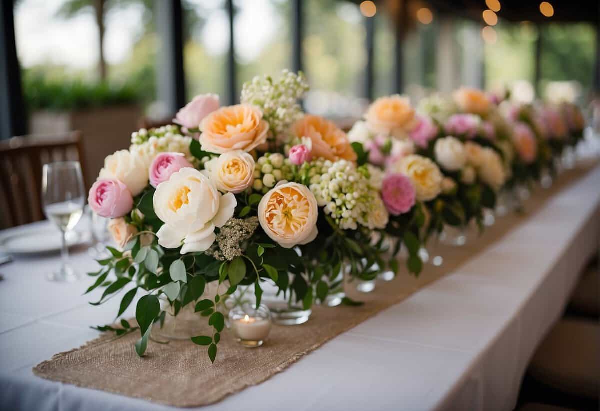 A table adorned with a variety of colorful and elegant wedding flowers, including roses, peonies, and hydrangeas, arranged in beautiful centerpieces and bouquets