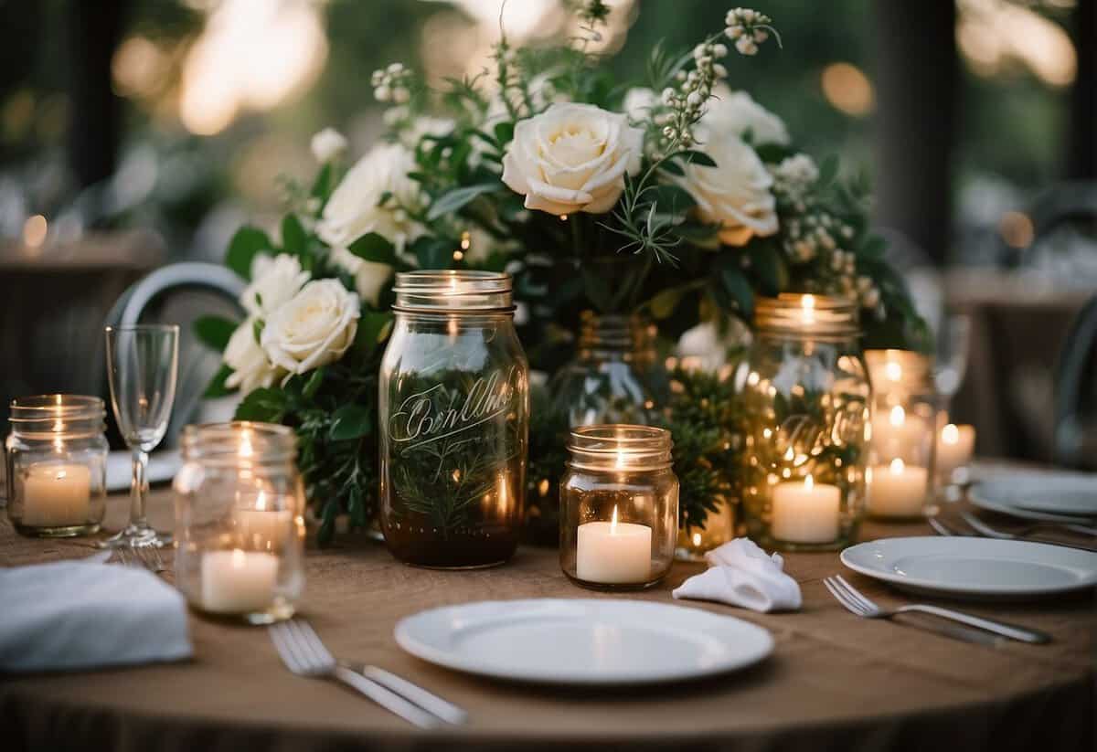 A table adorned with budget-friendly wedding flowers in mason jars, surrounded by candles and greenery
