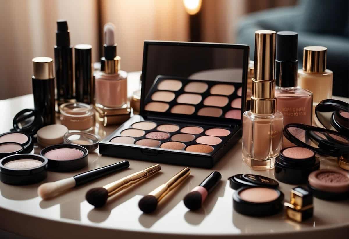A table with various makeup products and tools arranged neatly, surrounded by soft, romantic lighting