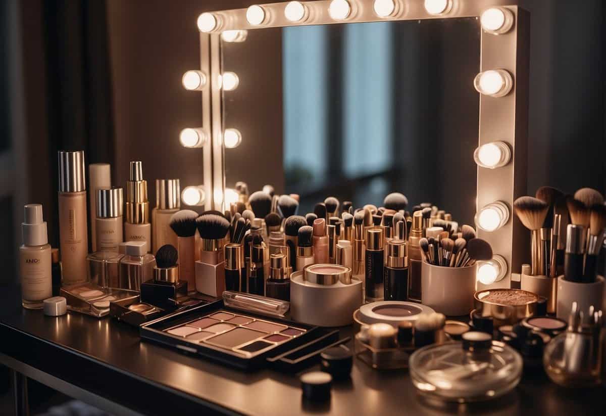A bride's makeup station with soft lighting, a mirror, and a variety of makeup products arranged neatly on a table