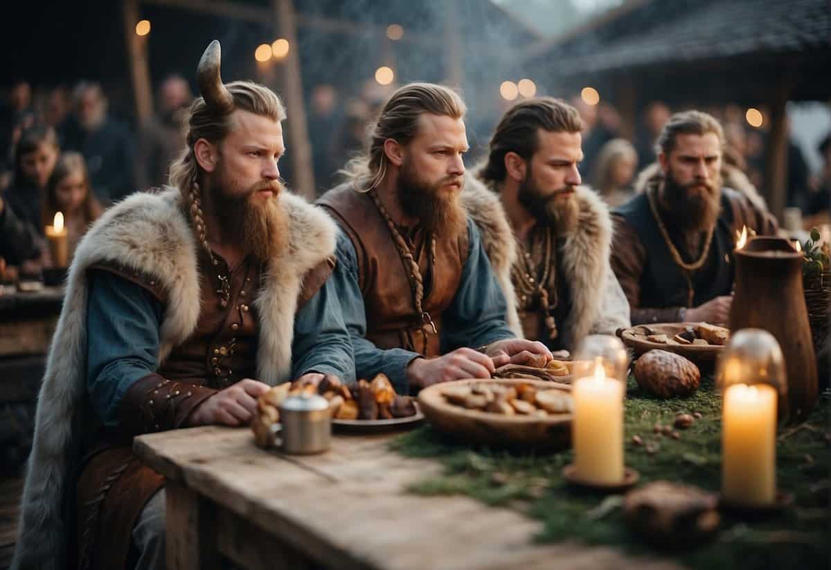 A viking wedding feast with long wooden tables, animal furs, mead horns, and flickering torches