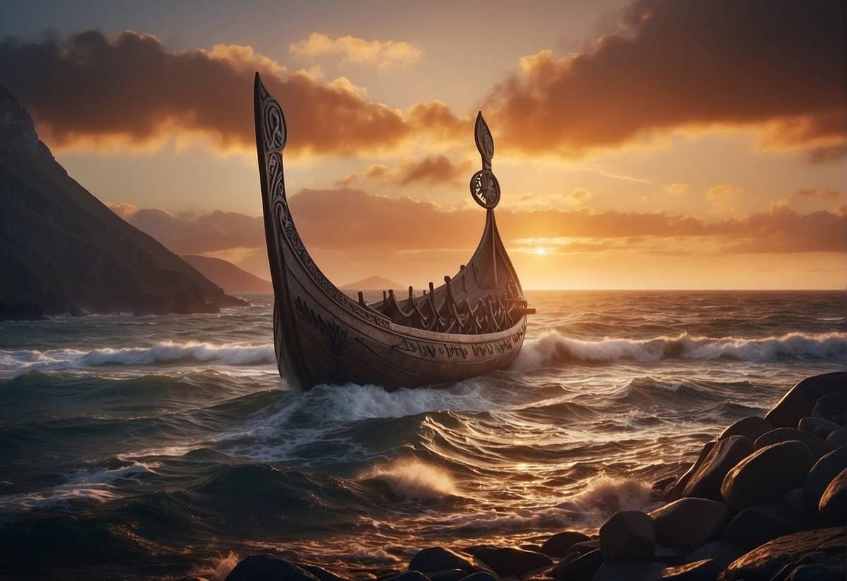 A viking longship adorned with traditional runes and shields, set against a dramatic coastal backdrop with a blazing sunset
