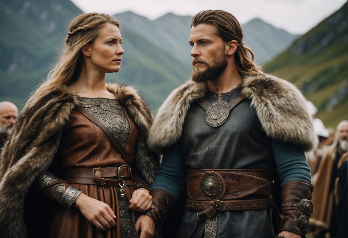 Viking wedding scene: Traditional fur cloaks, leather boots, and metal arm bands. Decorative longship in the background