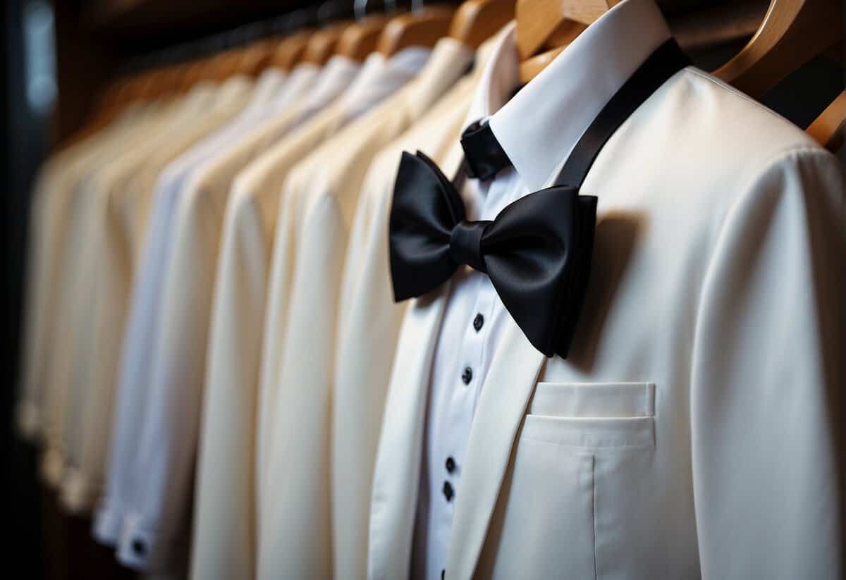 A sleek black tuxedo jacket with satin lapels hangs on a wooden hanger next to a crisp white dress shirt and a black bow tie
