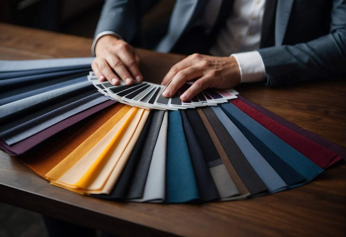 A groom browsing through swatches of fabric in various shades of black, navy, and gray, while a color wheel sits on the table for reference
