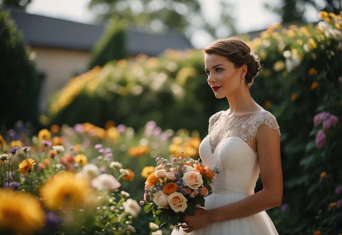 A bride with short hair standing in a garden, surrounded by colorful flowers and greenery, with a simple yet elegant wedding dress and a delicate veil