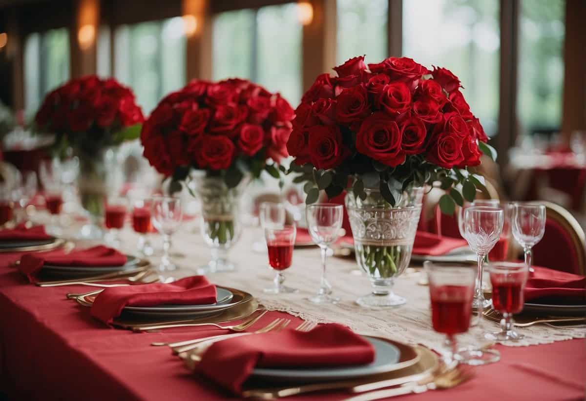 A red-themed wedding with crimson roses, scarlet tablecloths, and ruby accents