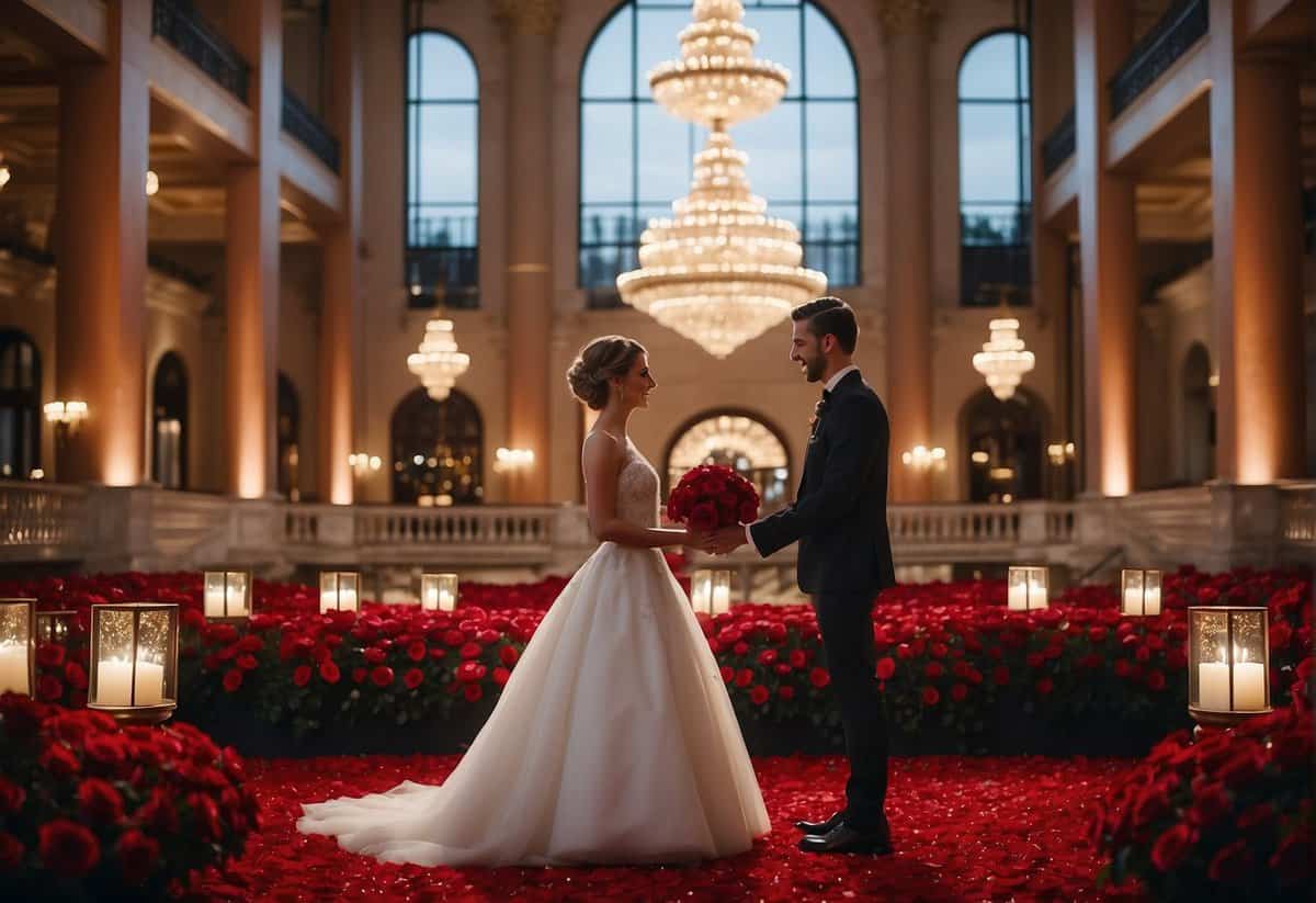 A couple stands in a grand ballroom, adorned with red roses and twinkling lights, envisioning their dream wedding