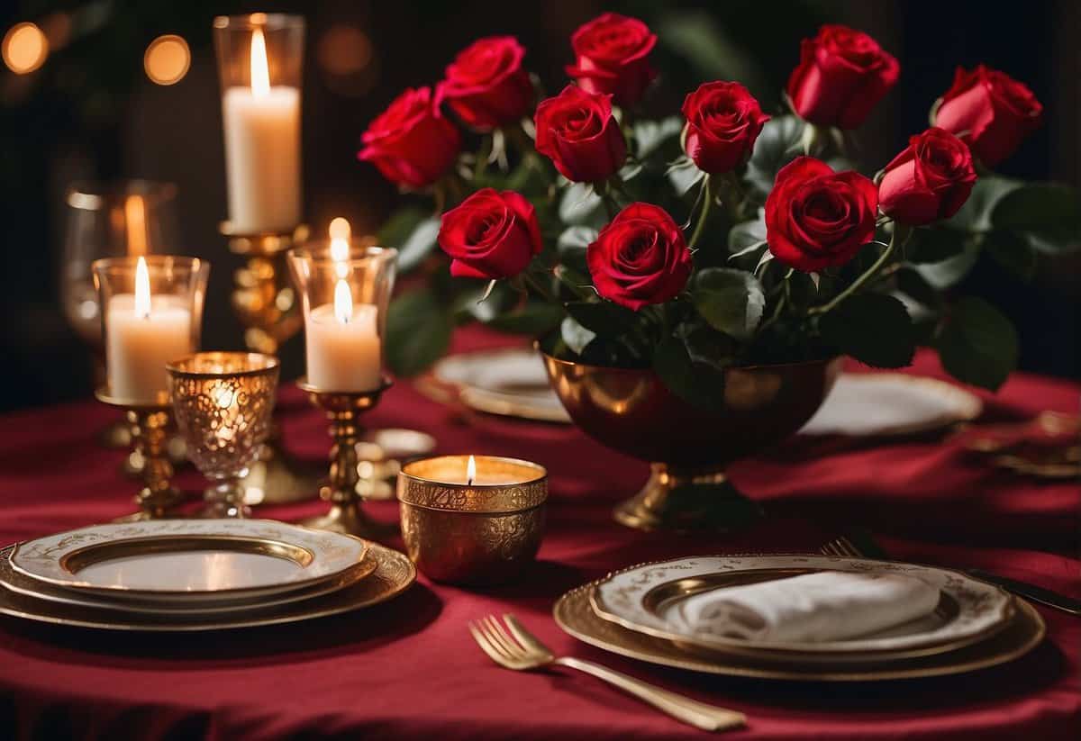 A table set with red tablecloth, roses, and candles. A sketchbook with wedding ideas, and a pen