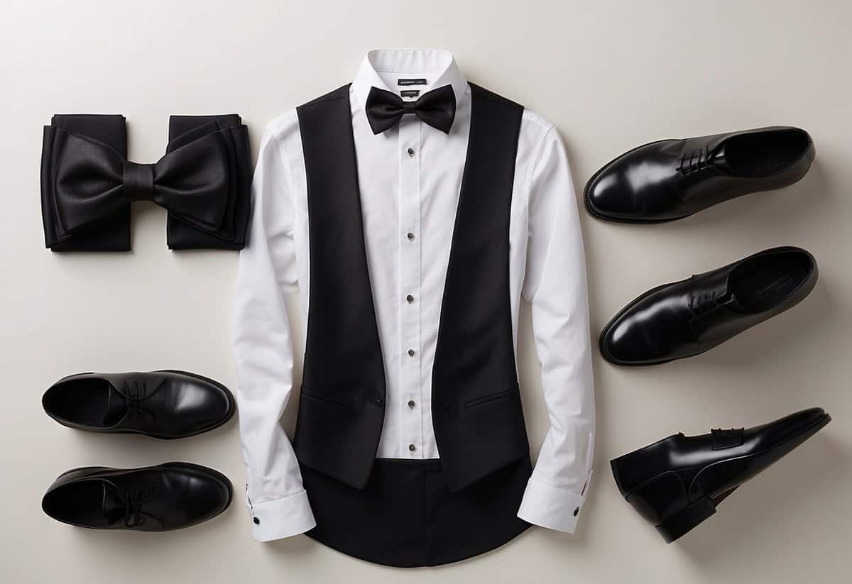 A groom's outfit: black tuxedo, white dress shirt, black bow tie, black leather dress shoes