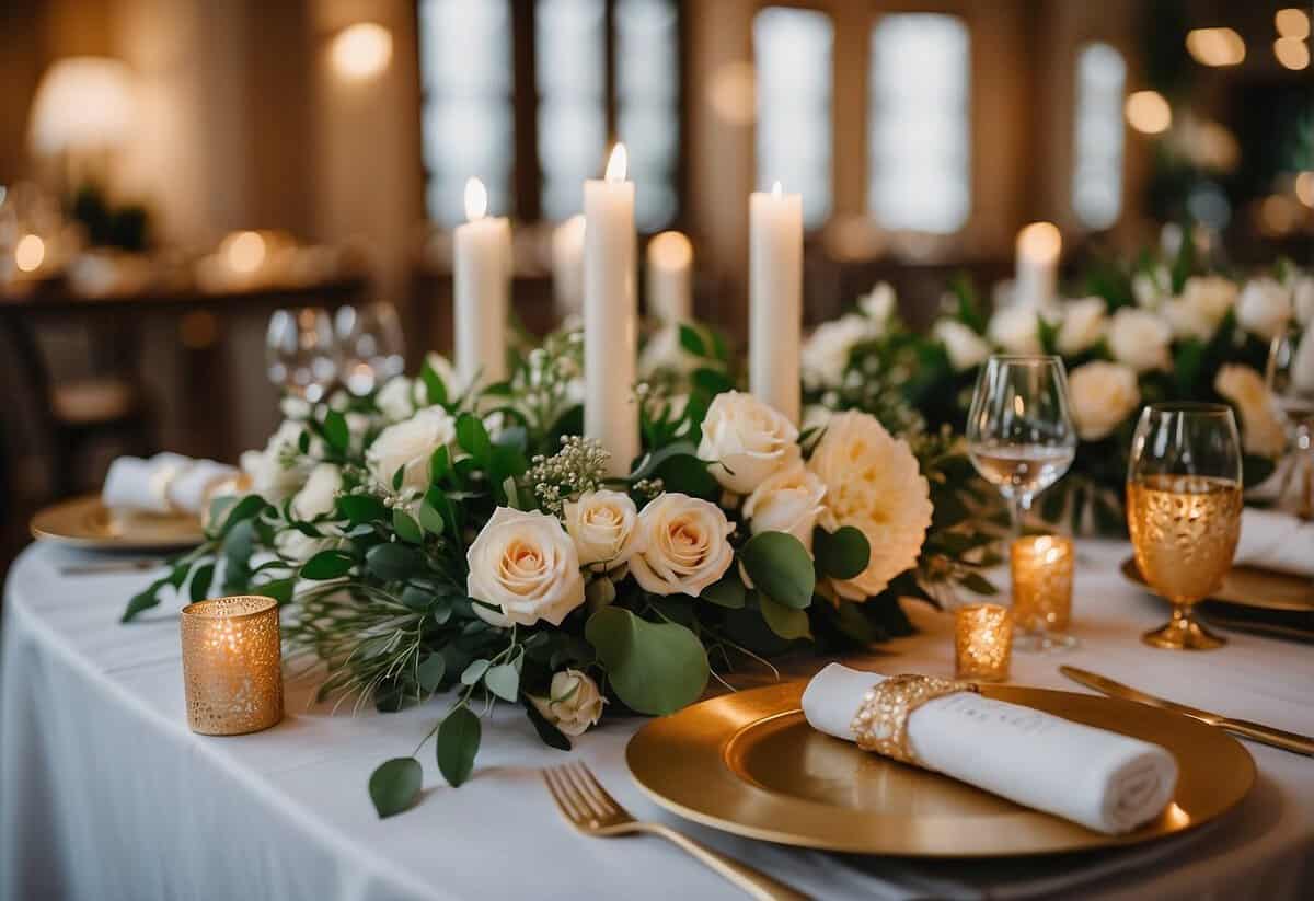 A table adorned with elegant floral centerpieces, wrapped presents, and a sign inviting guests to leave their well wishes and gifts for the newlyweds