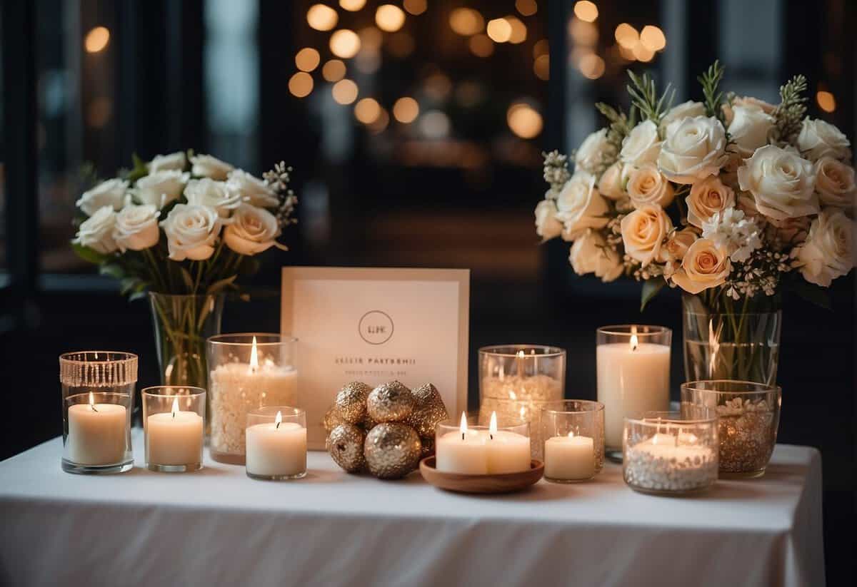 A beautifully decorated gift table with flowers, candles, and elegant signage