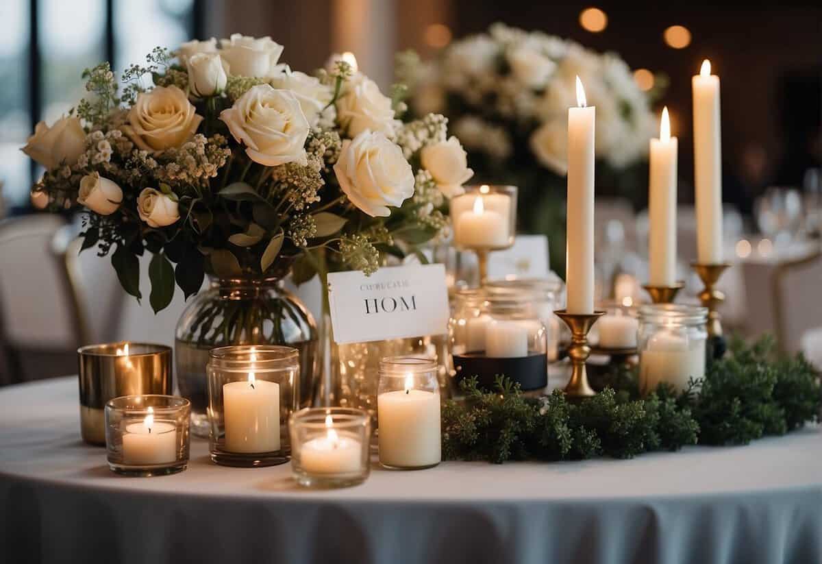 Gift table adorned with elegant floral arrangements, candles, and a sign directing guests to place their presents